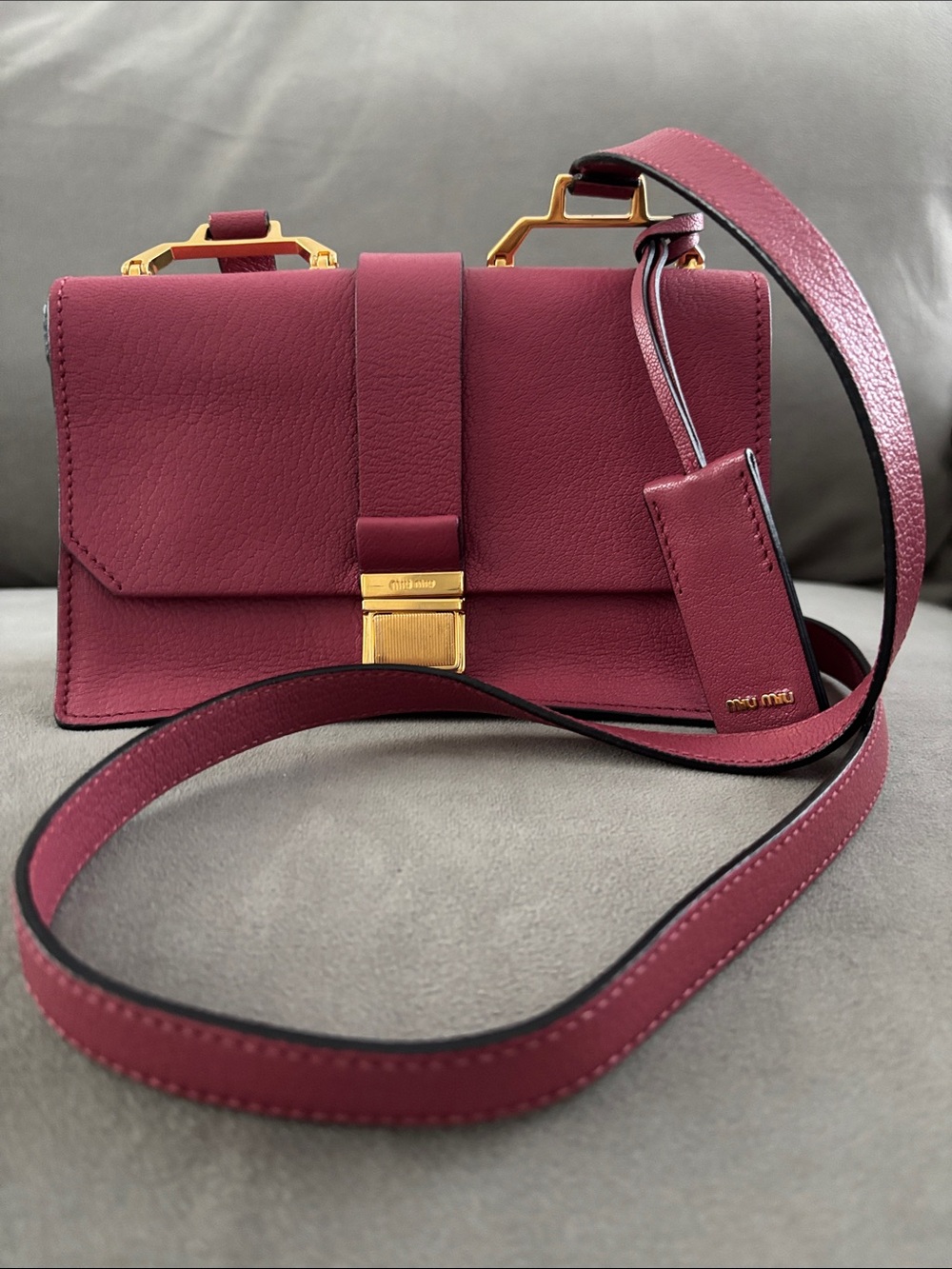 Authentic Miu Miu Burgundy Leather Crossbody with Gold Hardware